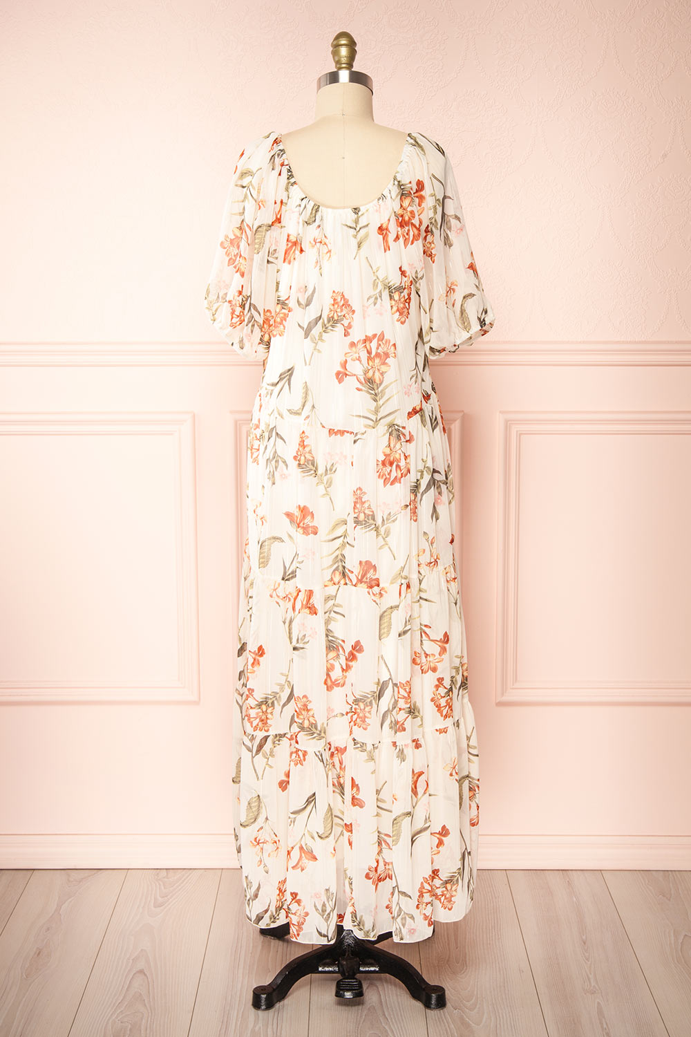 Leyla Floral Pattern Midi Dress w/ Short Puff Sleeves | Boutique 1861 back view