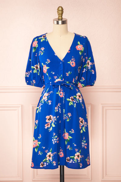 Liana Blue Short V-Neck Dress | Boutique 1861  front view