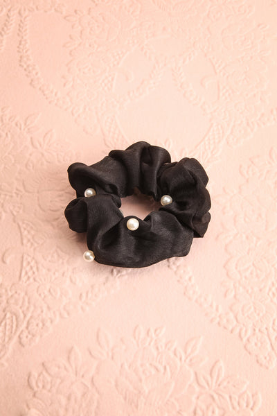 Libra Black Soft Satin Hair Scrunchie with Pearls | Boutique 1861