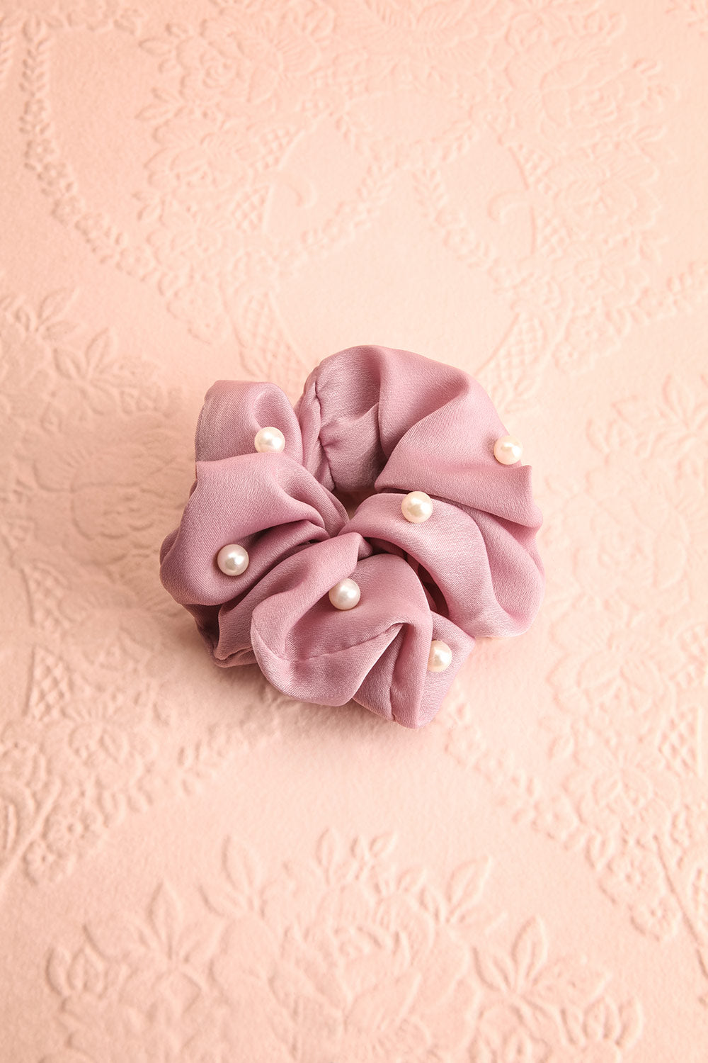 Libra Mauve Soft Satin Hair Scrunchie with Pearls | Boutique 1861