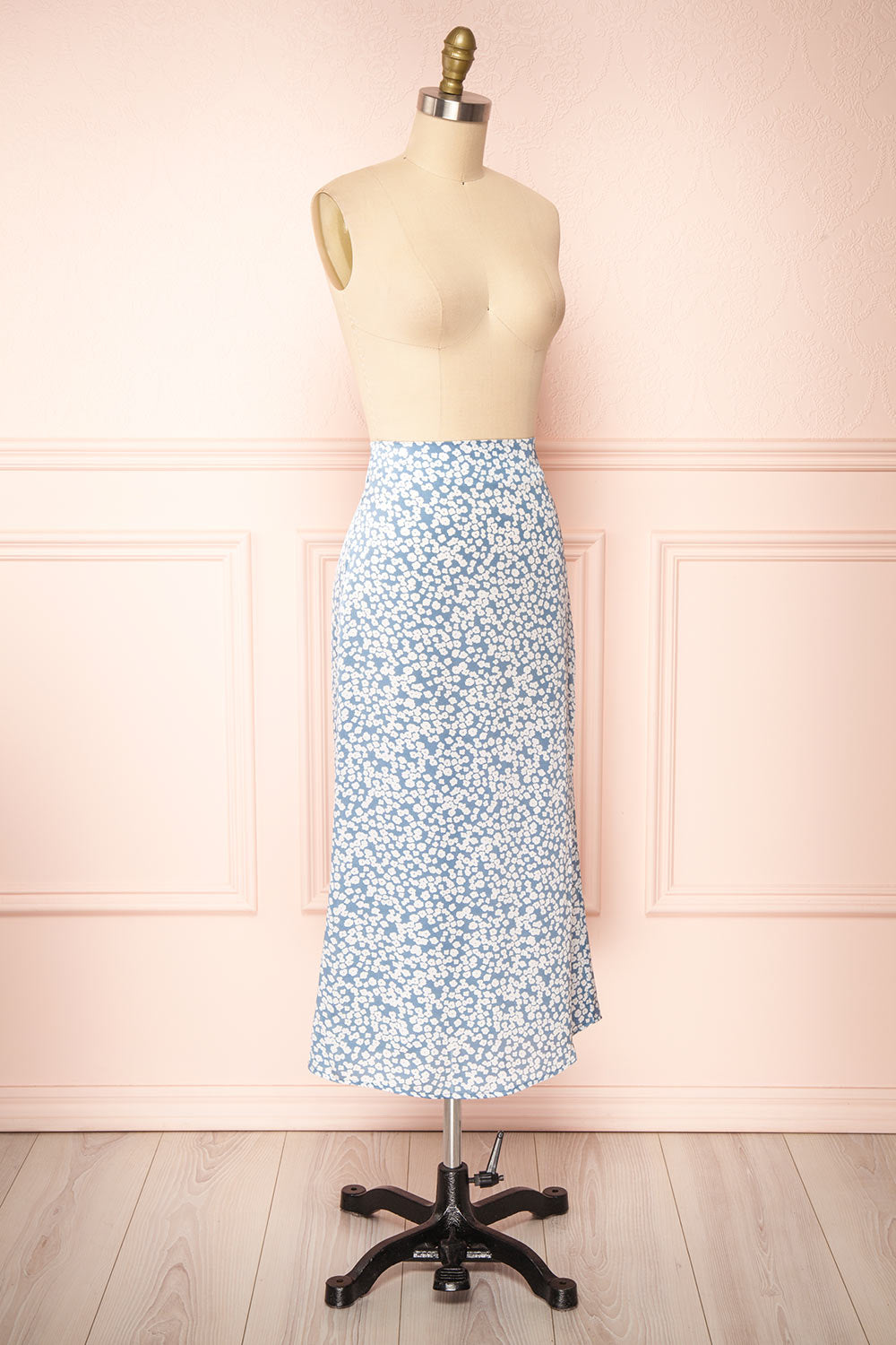 Libuse Blue Floral Patterned Satin Midi Skirt | Boutique 1861 side view 