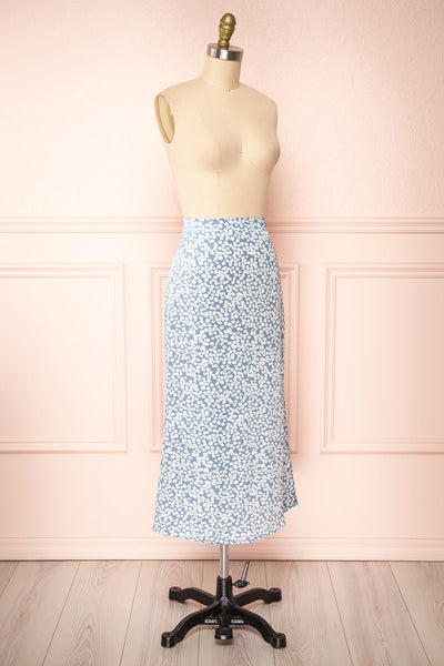 Libuse Blue Floral Patterned Satin Midi Skirt | Boutique 1861 side view