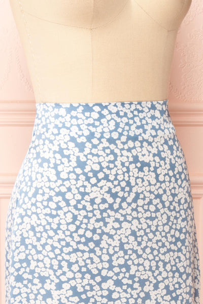 Libuse Blue Floral Patterned Satin Midi Skirt | Boutique 1861 side close-up