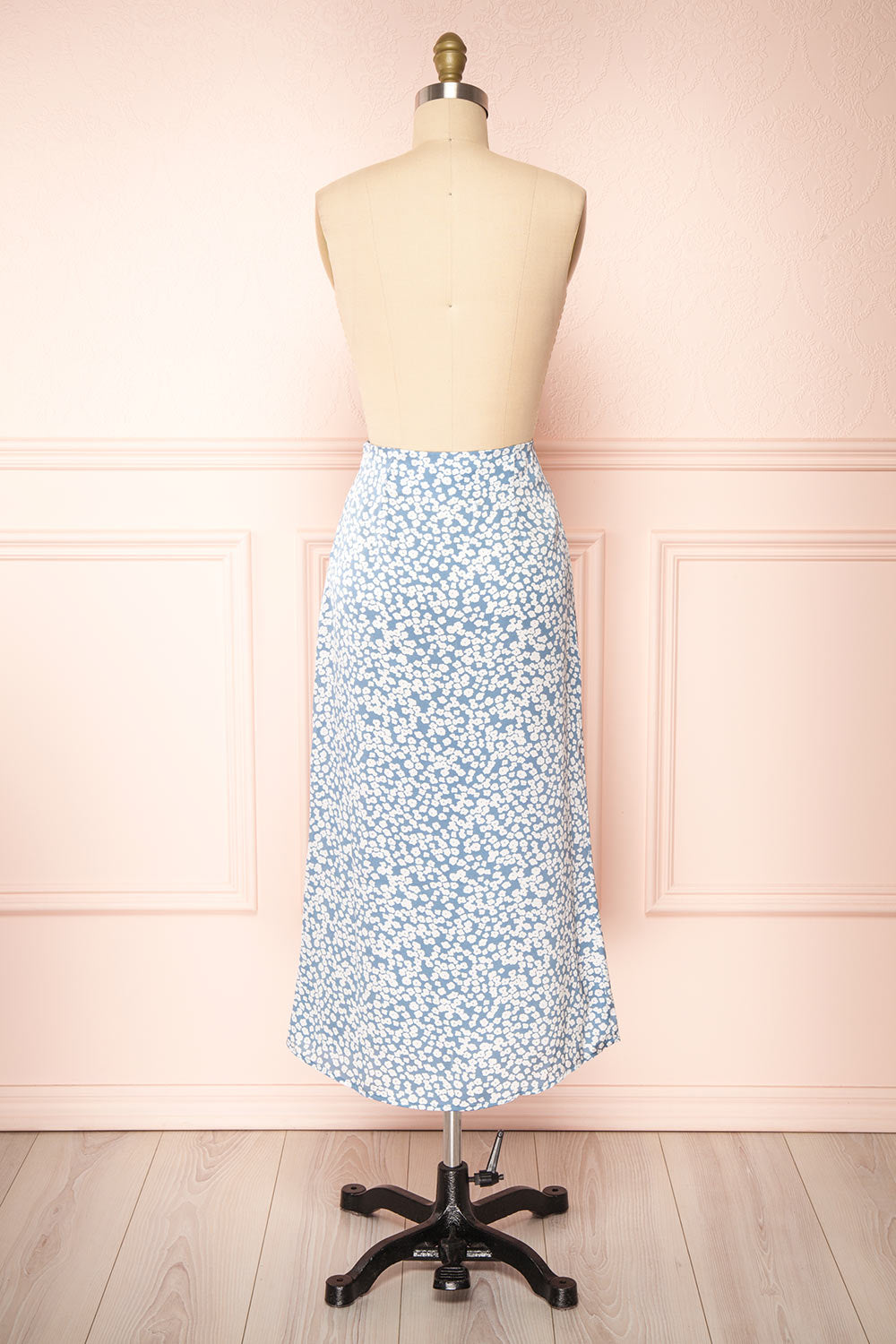 Libuse Blue Floral Patterned Satin Midi Skirt | Boutique 1861 back view 