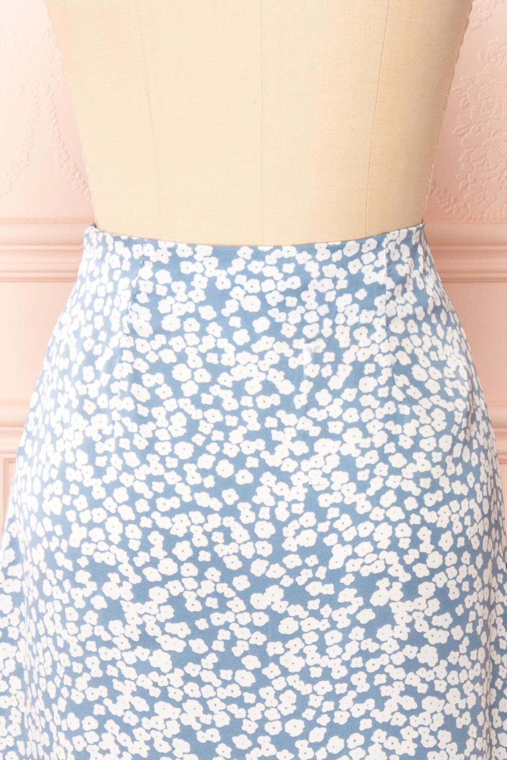 Libuse Blue Floral Patterned Satin Midi Skirt | Boutique 1861 back close-up