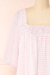 Lieke Square Neck Pink Gingham Midi Dress with Ruffles | Boutique 1861 front close-up