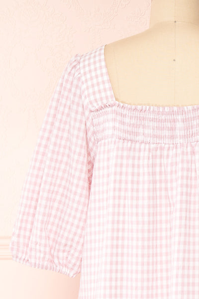 Lieke Square Neck Pink Gingham Midi Dress with Ruffles | Boutique 1861 back close-up