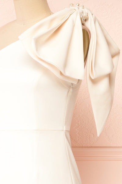 Liliana One Shoulder Ivory Midi Dress w/ Bow side close-up