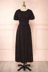 Lilou Black Open-back Midi Dress w/ Puffy Sleeves | Boutique 1861 front view