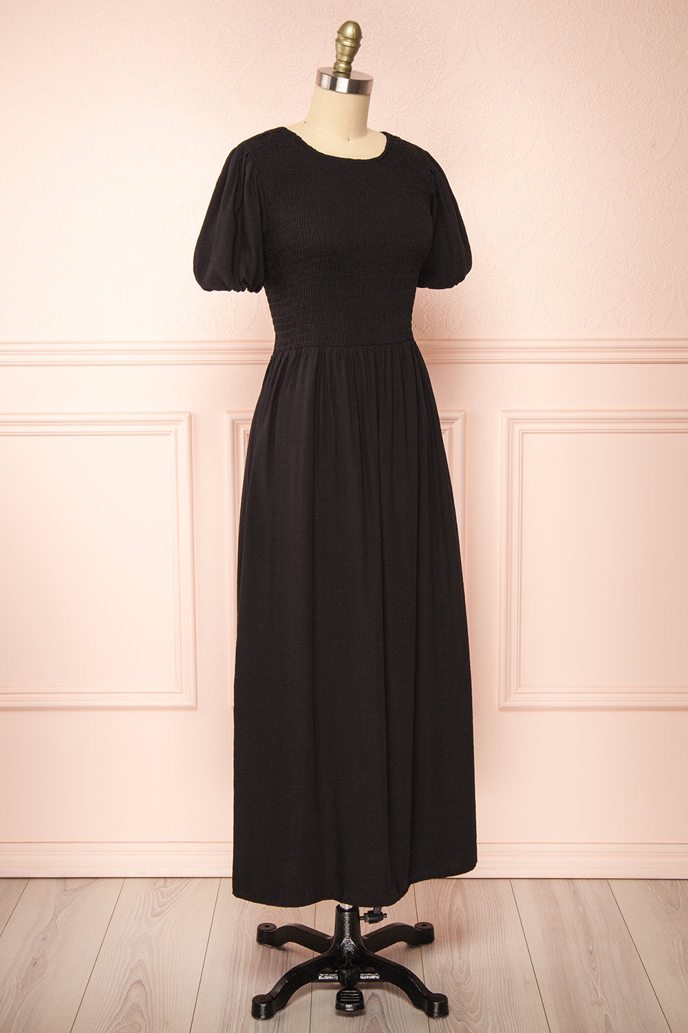 Lilou Black Open-back Midi Dress w/ Puffy Sleeves | Boutique 1861 side view
