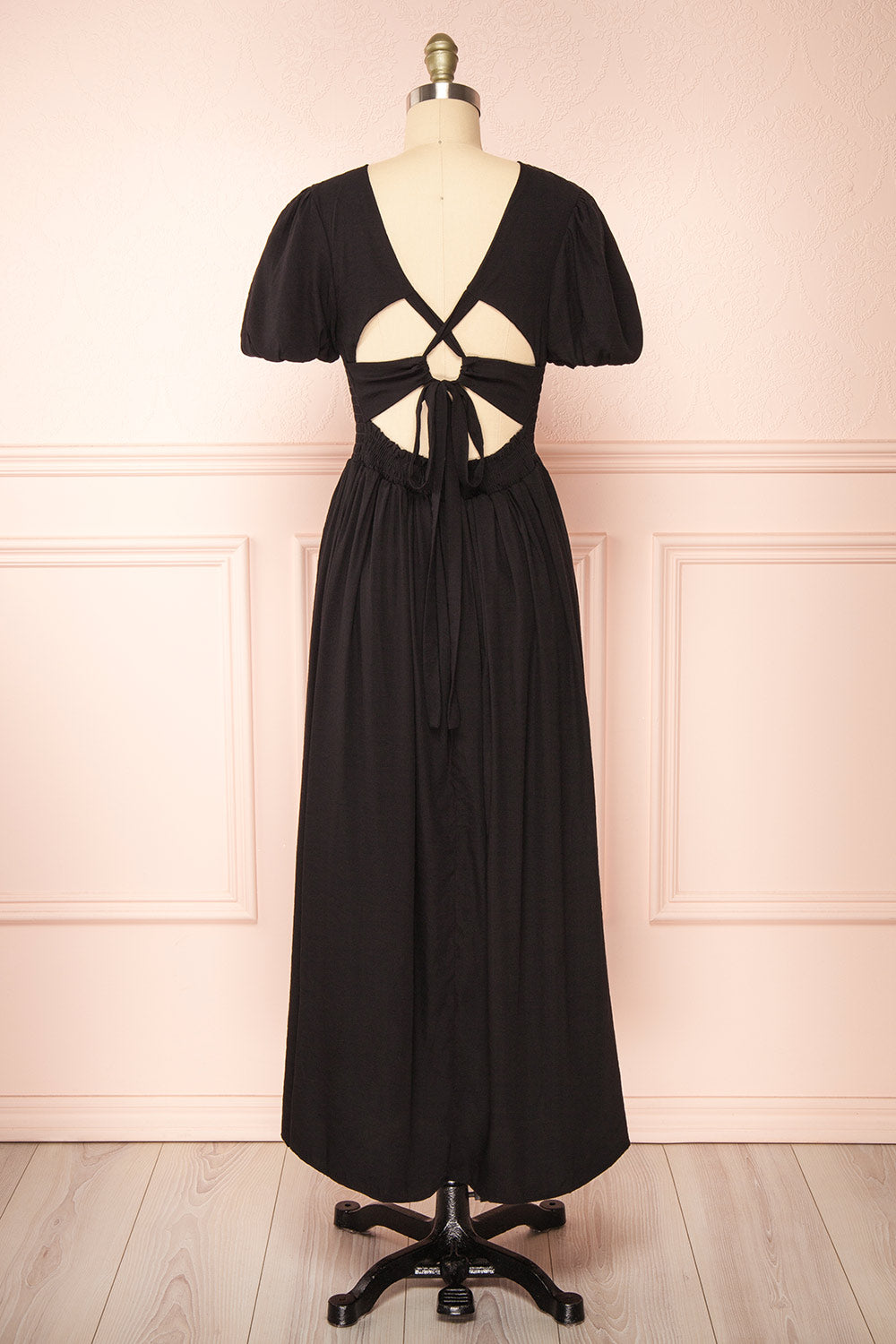 Lilou Black Open-back Midi Dress w/ Puffy Sleeves | Boutique 1861 back view