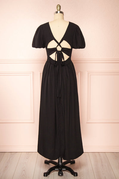 Lilou Black Open-back Midi Dress w/ Puffy Sleeves | Boutique 1861 back view