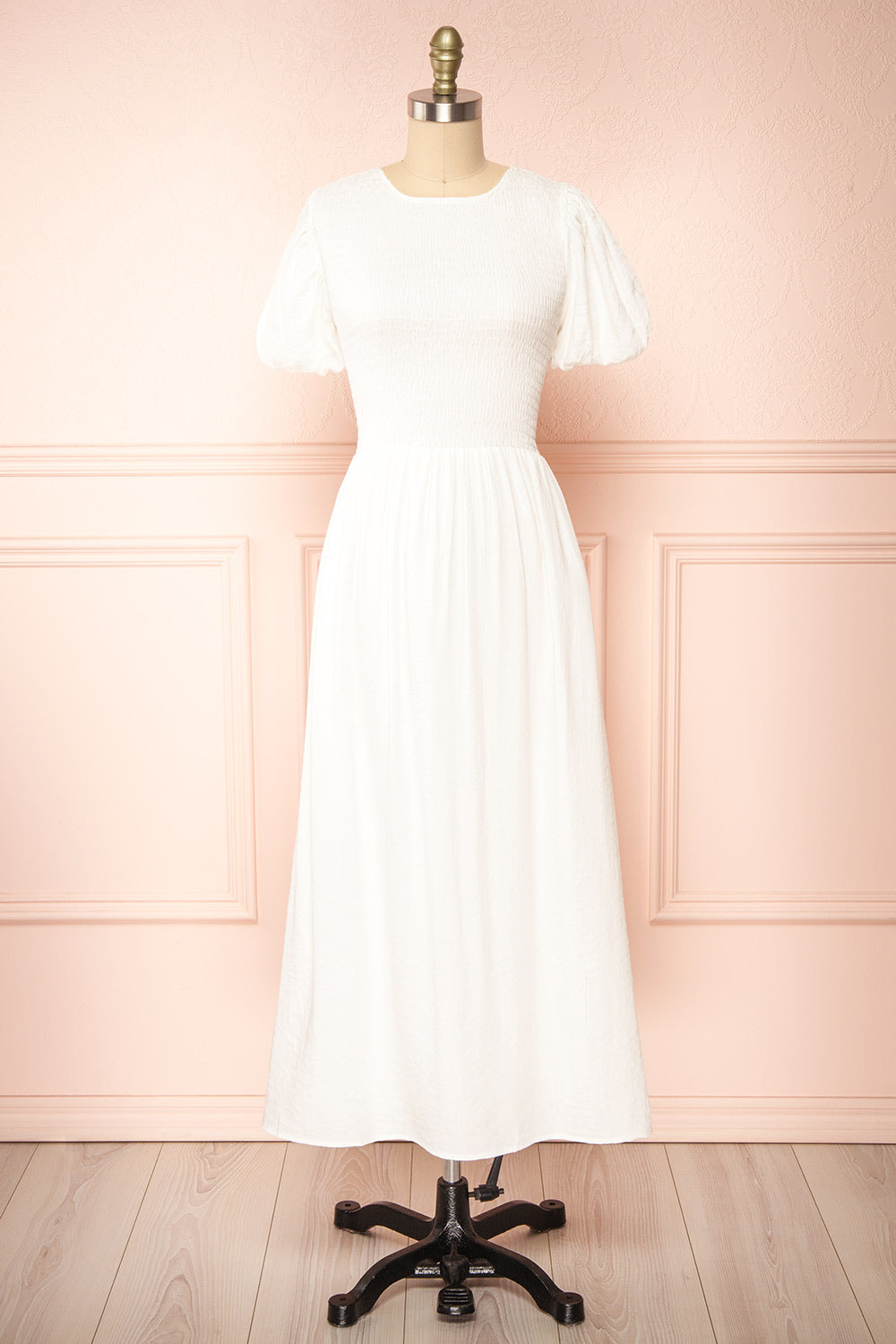 Lilou Ivory Open-back Midi Dress w/ Puffy Sleeves | Boutique 1861 front view