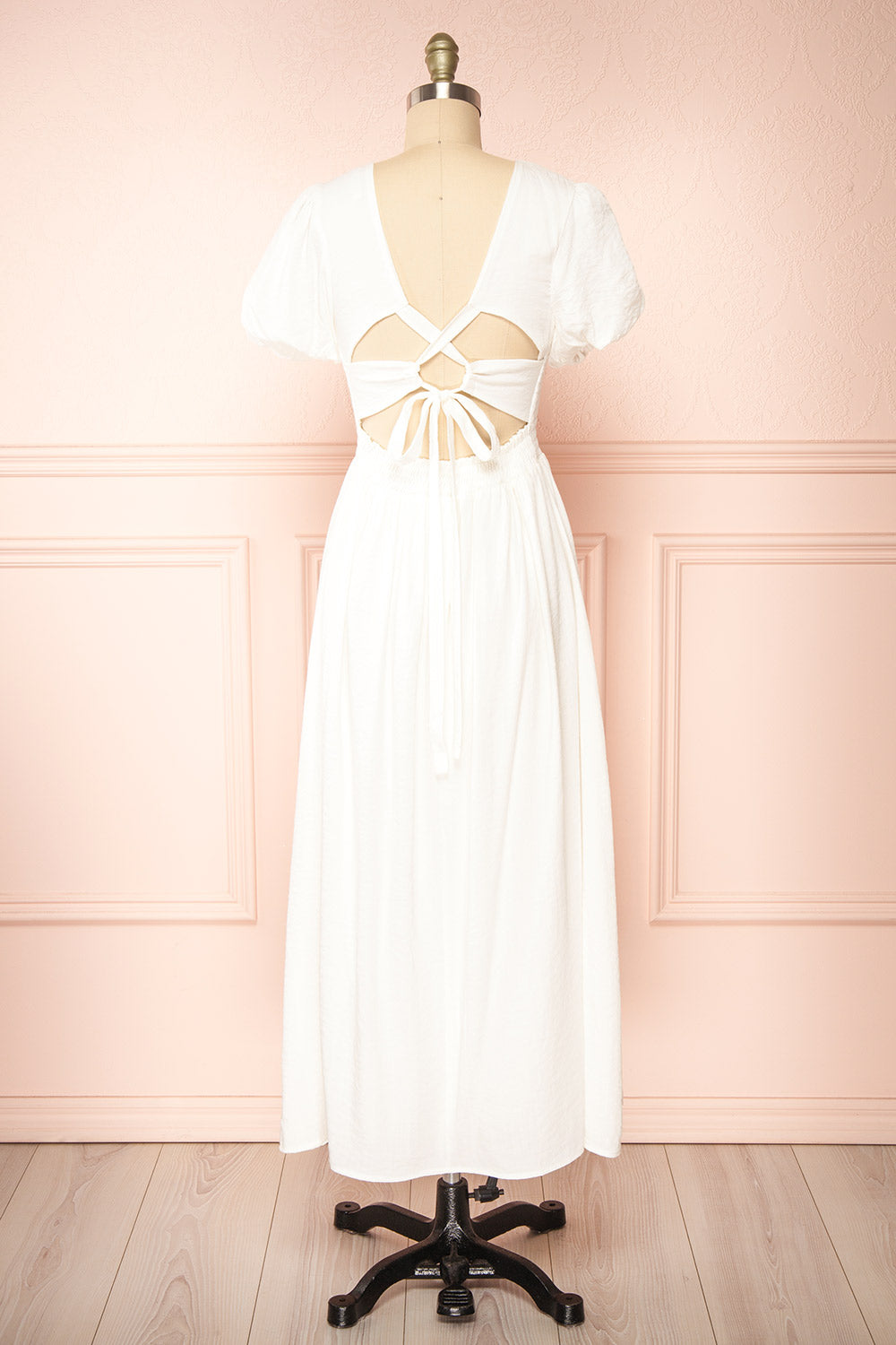 Lilou Ivory Open-back Midi Dress w/ Puffy Sleeves | Boutique 1861 back view