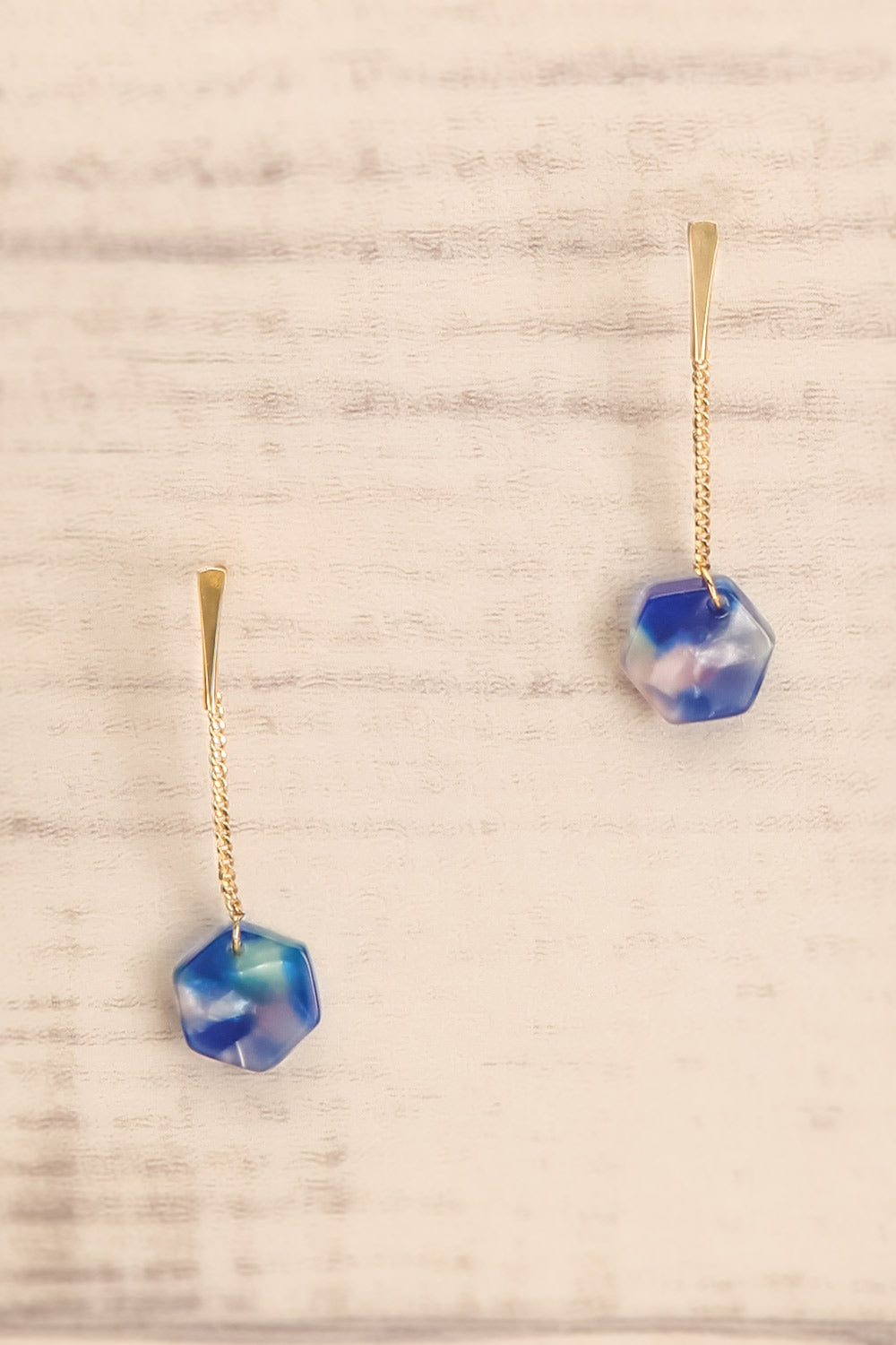 Lily Elsie Blue Geometric Pendant Earrings | La petite garçonne close-up