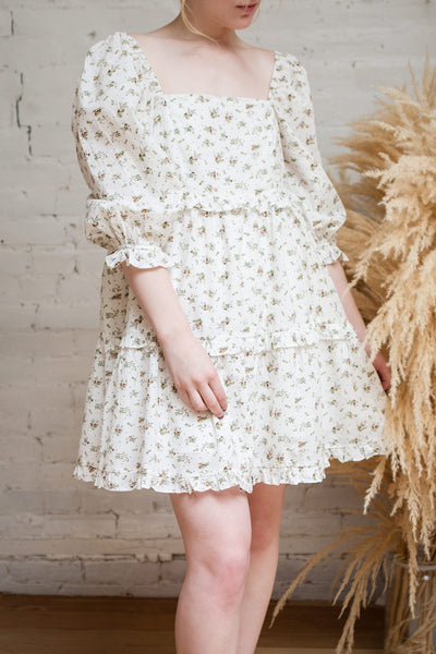 Linea White Floral Short Dress w/ Puffy Sleeves | Boutique 1861  model