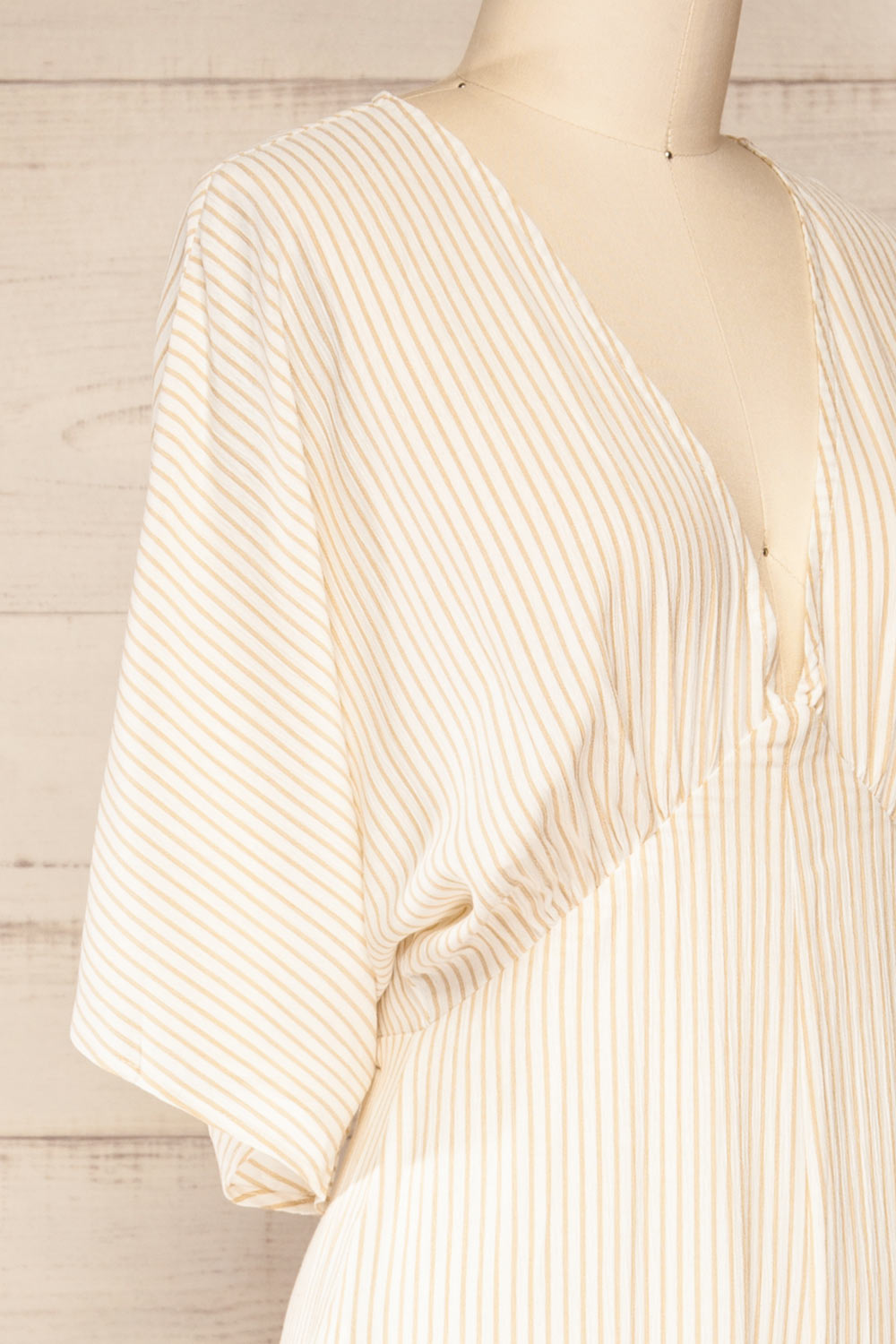 Lipari White Lined V-Neck Wide Leg Jumpsuit | La petite garçonne side close-up