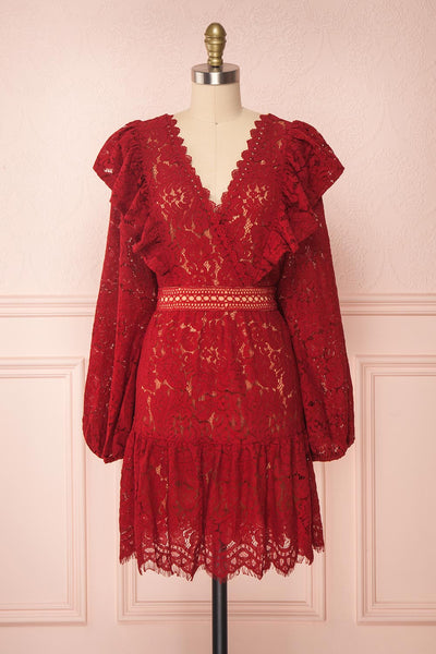Liriope Red Lace A-Line Dress with Wrap Neckline | Boutique 1861 front view
