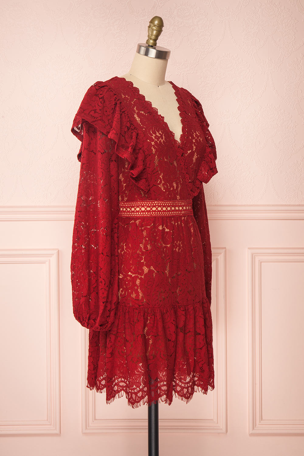 Liriope Red Lace A-Line Dress with Wrap Neckline | Boutique 1861 side view 