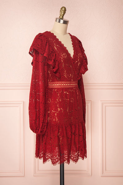 Liriope Red Lace A-Line Dress with Wrap Neckline | Boutique 1861 side view