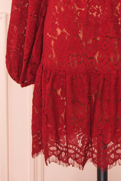 Liriope Red Lace A-Line Dress with Wrap Neckline | Boutique 1861 bottom close-up