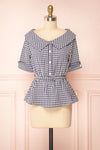 Lisa-Maria Navy Blue Gingham Peplum Top | Boutique 1861 front view