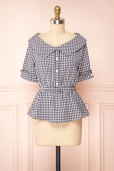 Lisa-Maria Navy Blue Gingham Peplum Top | Boutique 1861 front view