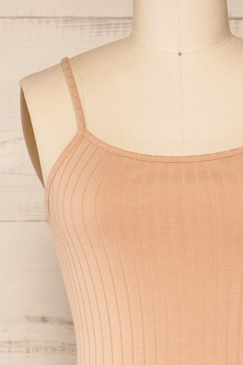 Lizane Beige Ribbed Bodysuit | La petite garçonne front close-up