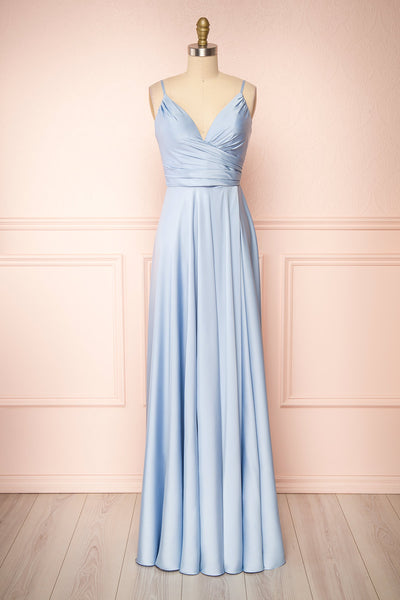 Lizza Blue Satin Maxi Dress w/ Slit | Boudoir 1861 front view