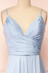 Lizza Blue Satin Maxi Dress w/ Slit | Boudoir 1861 front close-up