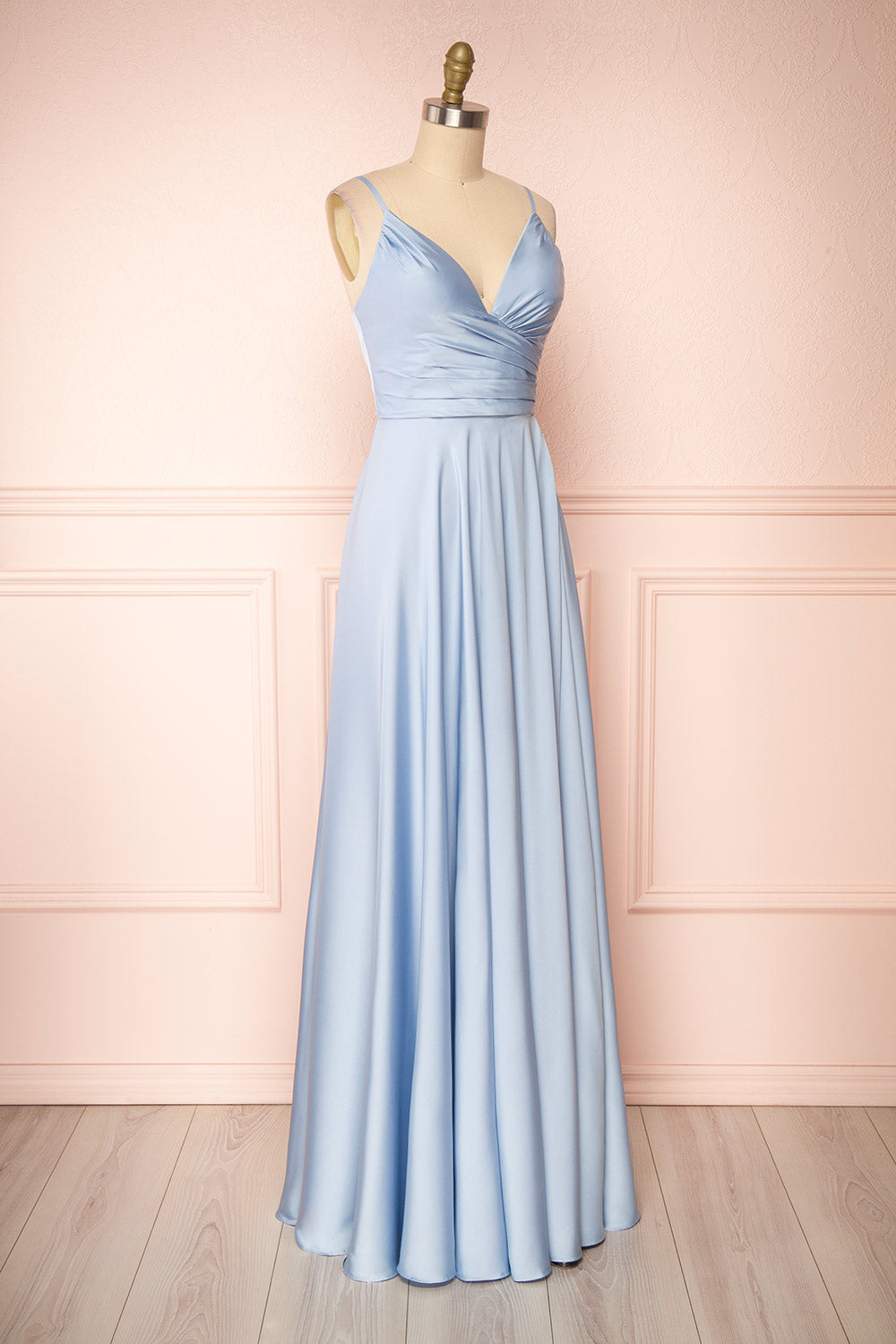 Lizza Blue Satin Maxi Dress w/ Slit | Boudoir 1861 side view