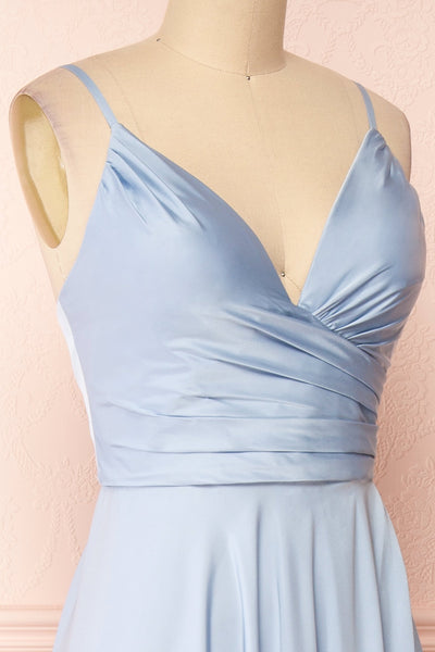 Lizza Blue Satin Maxi Dress w/ Slit | Boudoir 1861 side close-up