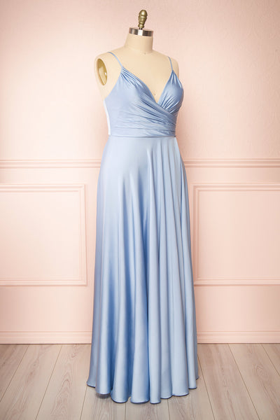 Lizza Blue Satin Maxi Dress w/ Slit | Boudoir 1861 side plus size