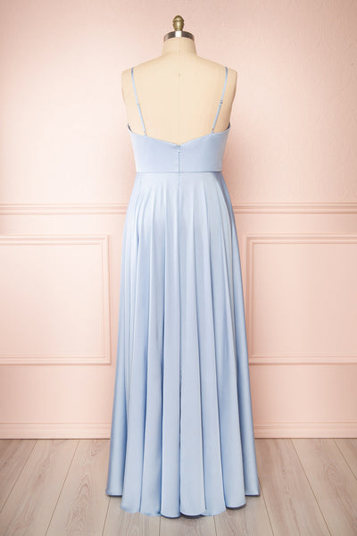 Lizza Blue Satin Maxi Dress w/ Slit | Boudoir 1861 back plus size