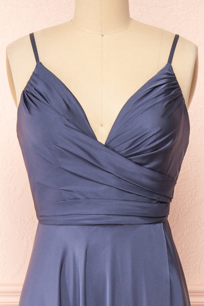 Lizza Blue Grey Satin Maxi Dress w/ Slit | Boudoir 1861 front close-up