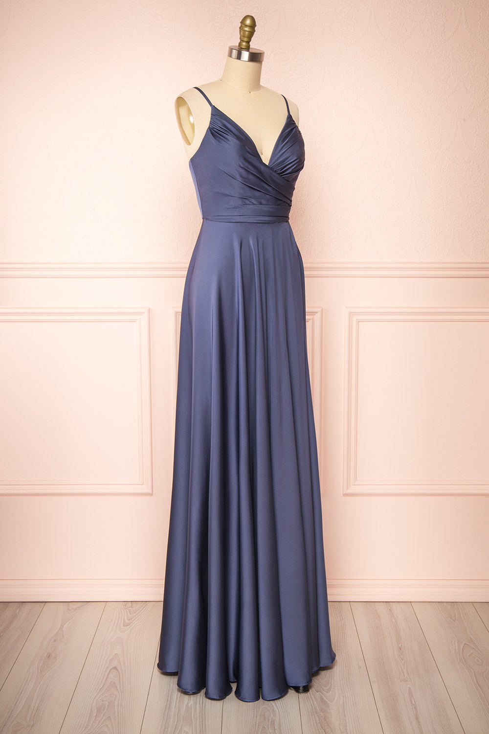 Lizza Blue Grey Satin Maxi Dress w/ Slit | Boudoir 1861 side view