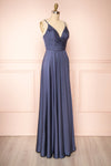 Lizza Blue Grey Satin Maxi Dress w/ Slit | Boudoir 1861 side view