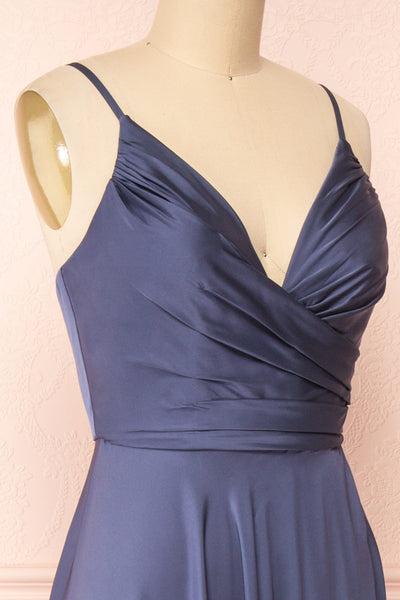 Lizza Blue Grey Satin Maxi Dress w/ Slit | Boudoir 1861 side close-up