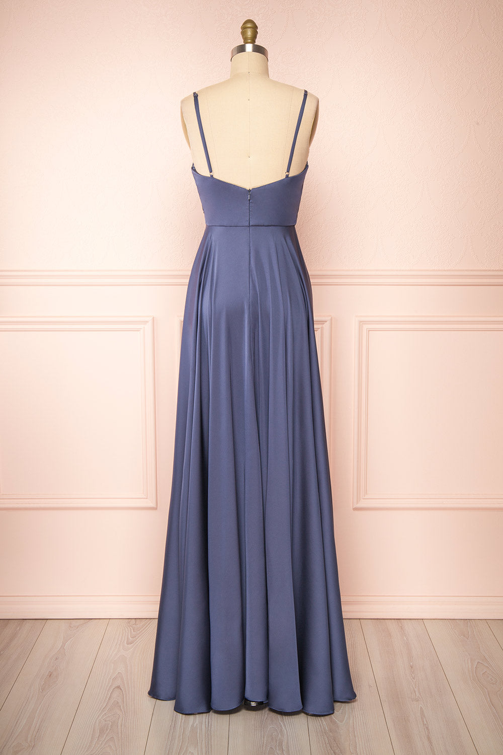 Lizza Blue Grey Satin Maxi Dress w/ Slit | Boudoir 1861 back view
