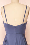 Lizza Blue Grey Satin Maxi Dress w/ Slit | Boudoir 1861 back close-up