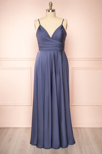 Lizza Blue Grey Satin Maxi Dress w/ Slit | Boudoir 1861 front plus size
