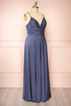 Lizza Blue Grey Satin Maxi Dress w/ Slit | Boudoir 1861 side plus size
