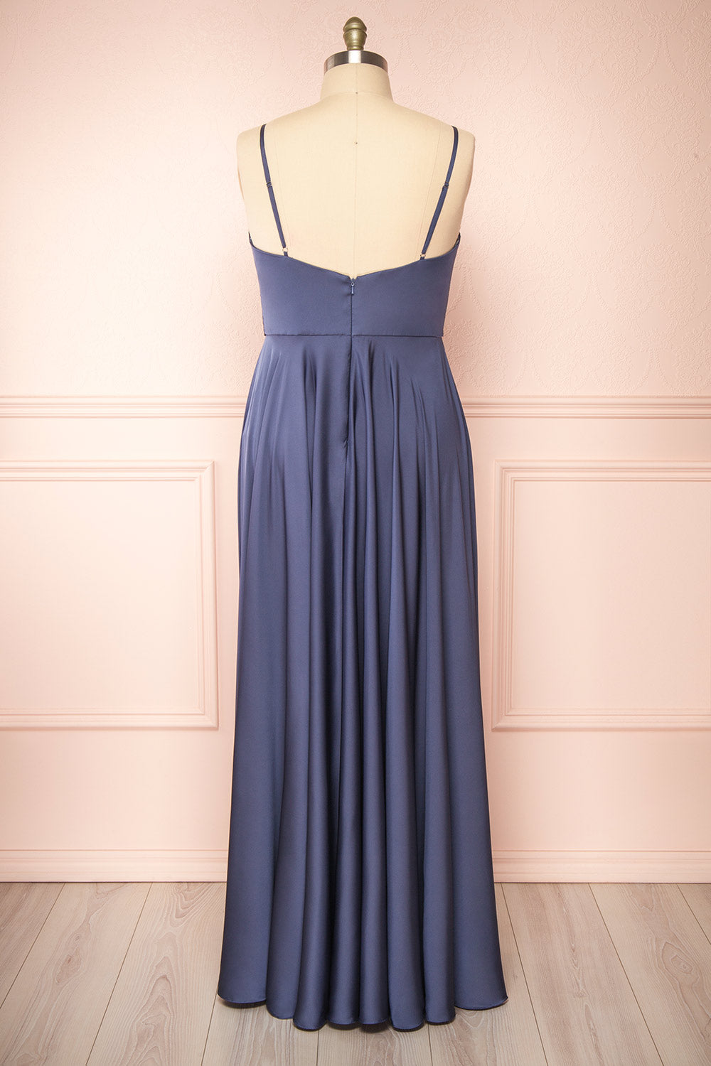 Lizza Blue Grey Satin Maxi Dress w/ Slit | Boudoir 1861 back plus size
