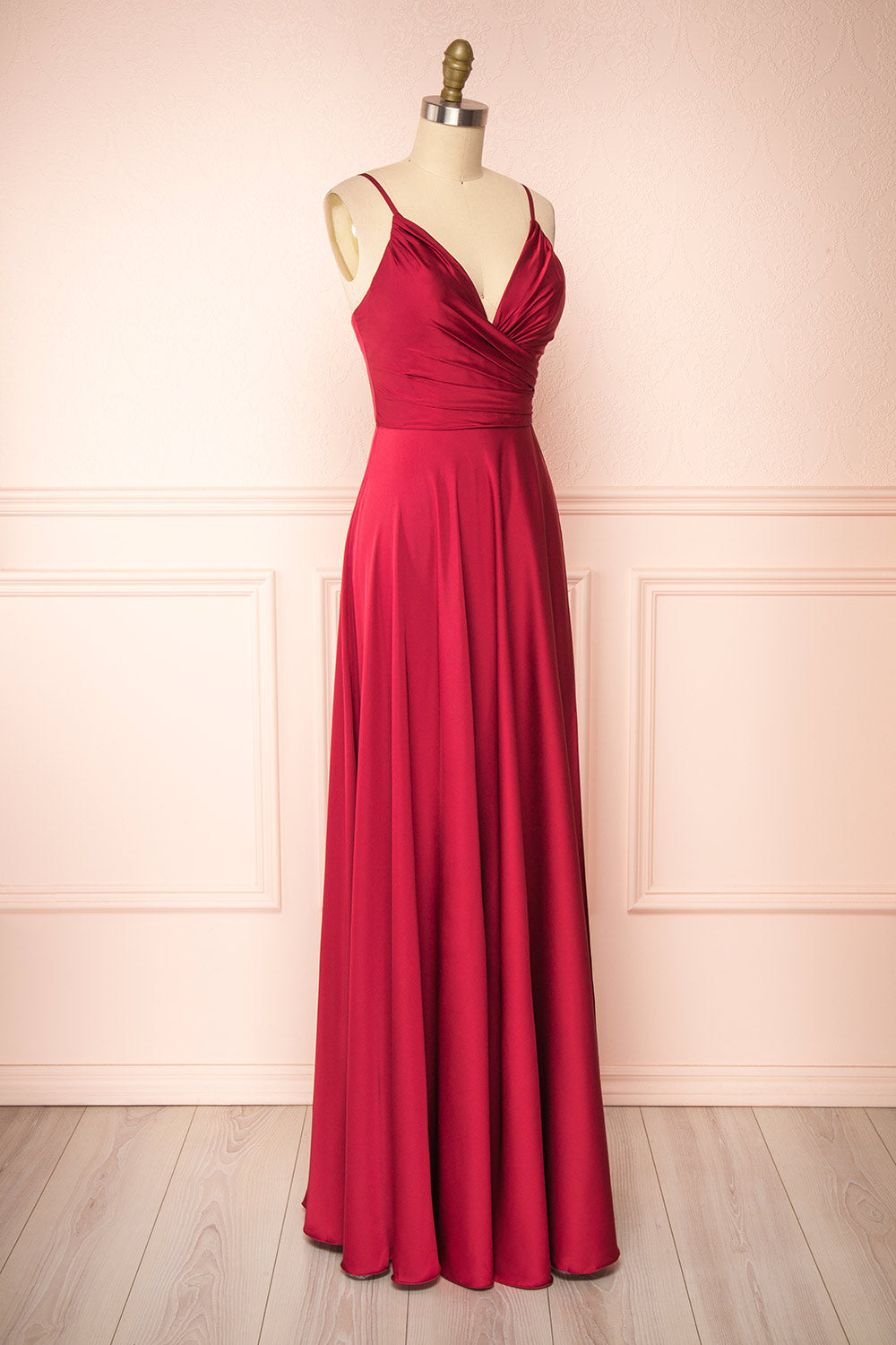 Lizza Burgundy Satin Maxi Dress w/ Slit | Boudoir 1861 side view