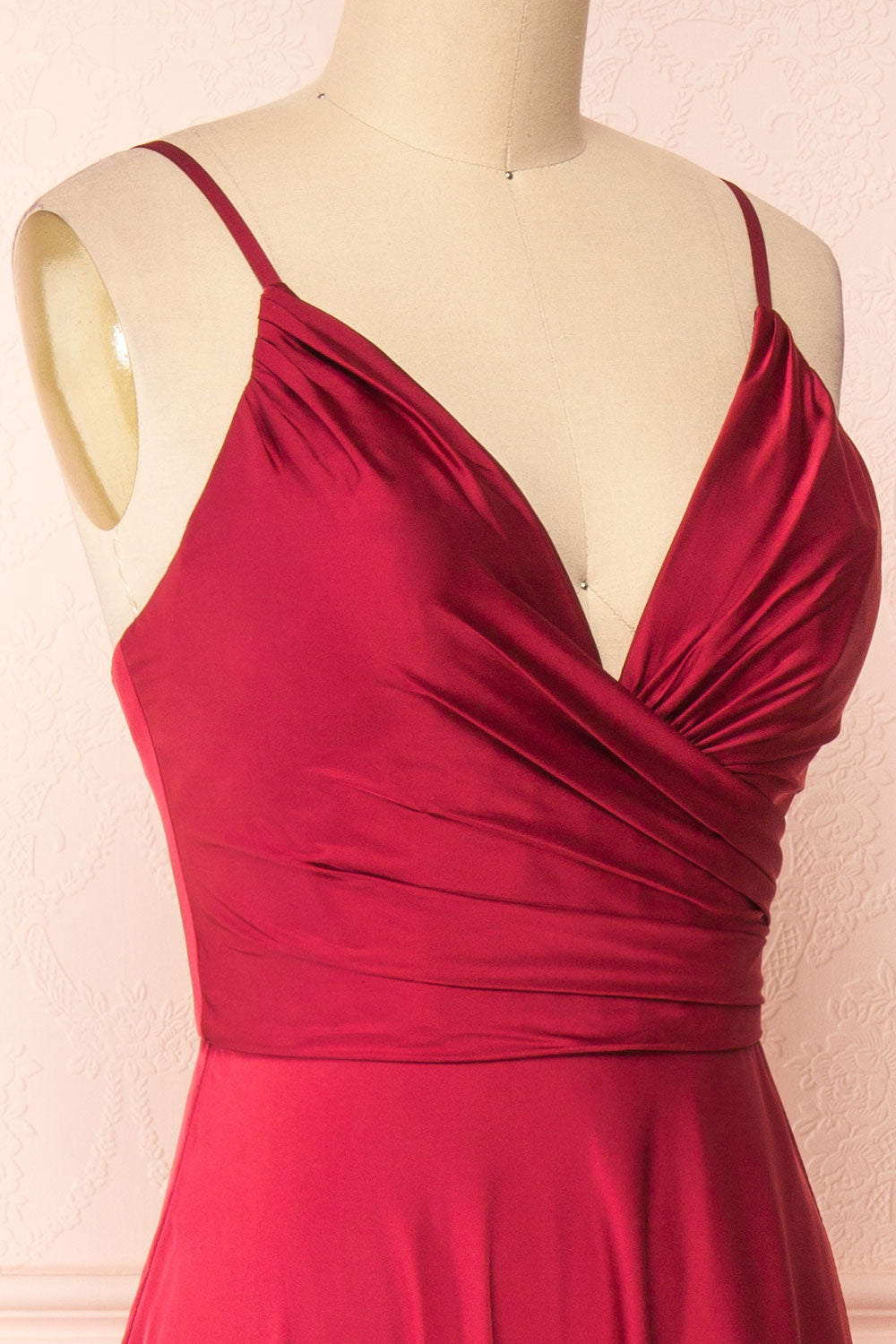 Lizza Burgundy Satin Maxi Dress w/ Slit | Boudoir 1861 side close-up