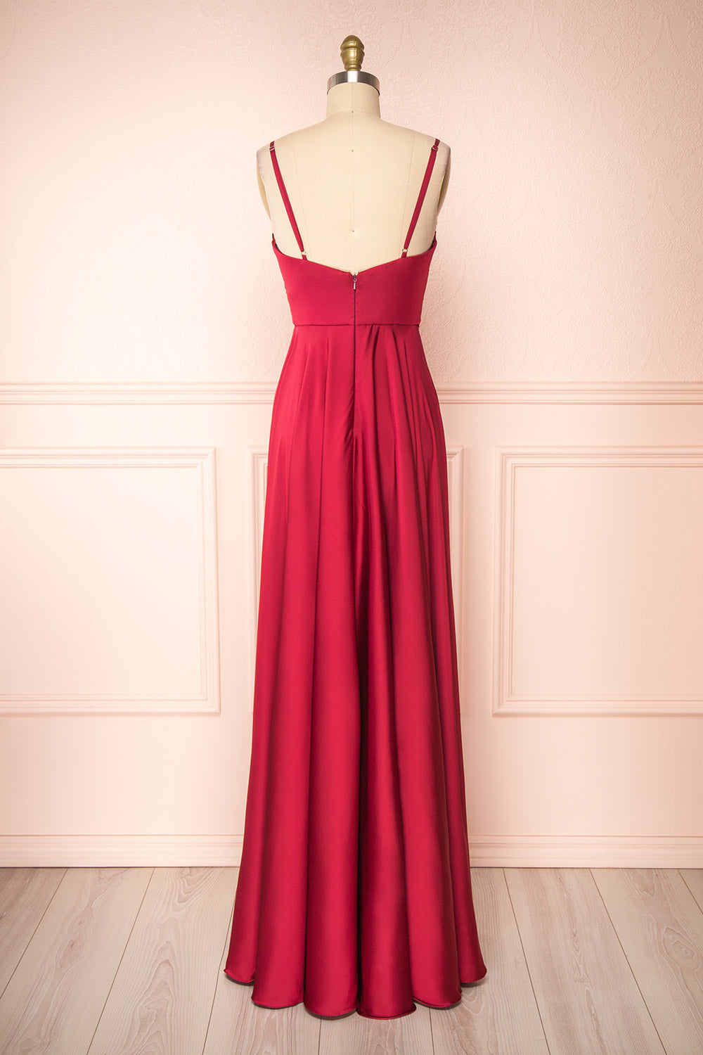 Lizza Burgundy Satin Maxi Dress w/ Slit | Boudoir 1861 back view