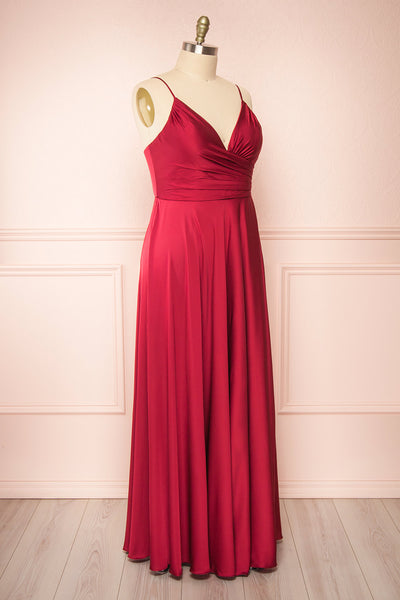 Lizza Burgundy Satin Maxi Dress w/ Slit | Boudoir 1861 side taille plus
