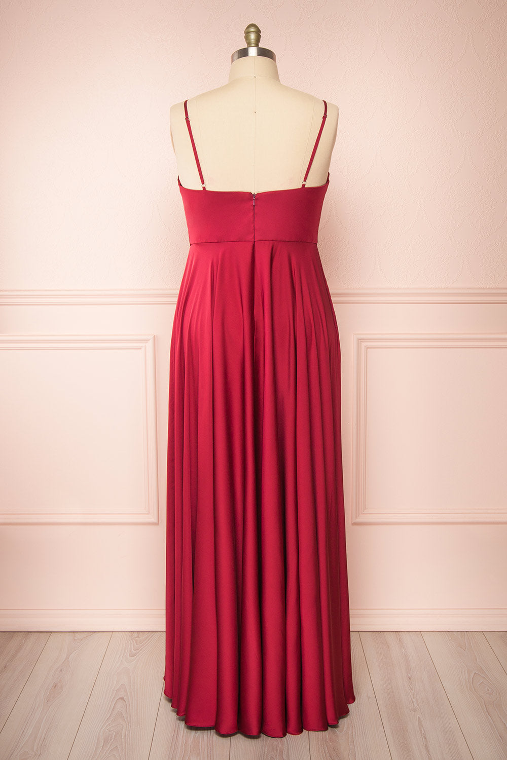 Lizza Burgundy Satin Maxi Dress w/ Slit | Boudoir 1861 back taille plus 