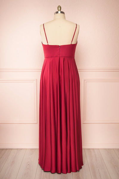 Lizza Burgundy Satin Maxi Dress w/ Slit | Boudoir 1861 back taille plus