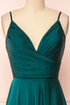 Lizza Green Satin Maxi Dress w/ Slit | Boudoir 1861 front close-up
